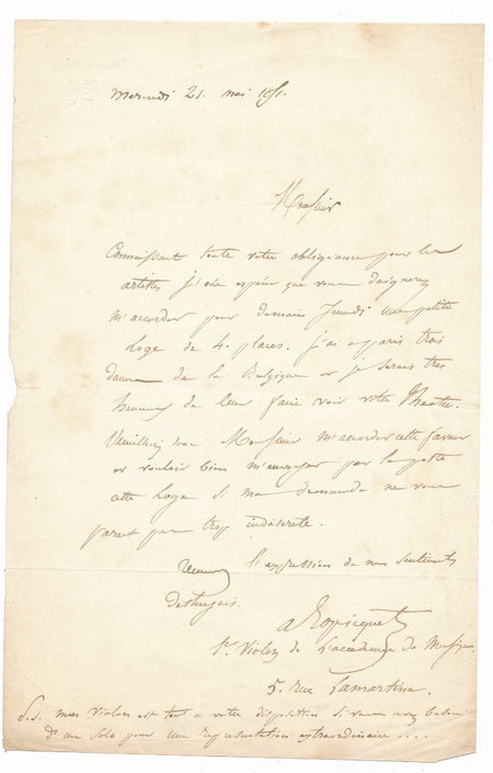 Alexandre ROPICQUET violoniste violon à disposition lettre autographe signée