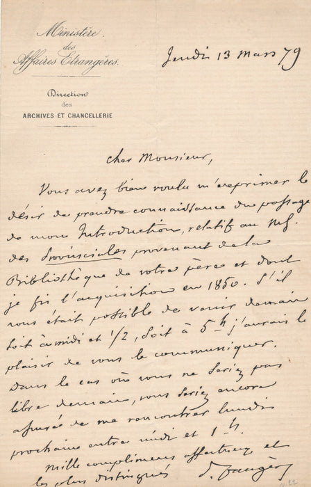 Armand Prosper FAUGÈRE manuscrit Provinciales Pascal lettre autographe Faugere