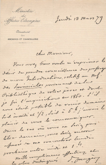 Armand Prosper FAUGÈRE manuscrit Provinciales Pascal lettre autographe Faugere