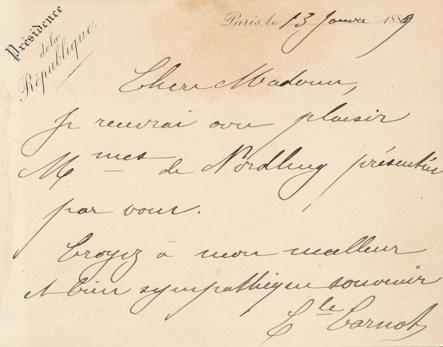 Cécile Carnot épouse Sadi Carnot Madame Nordling carte manuscrite signée