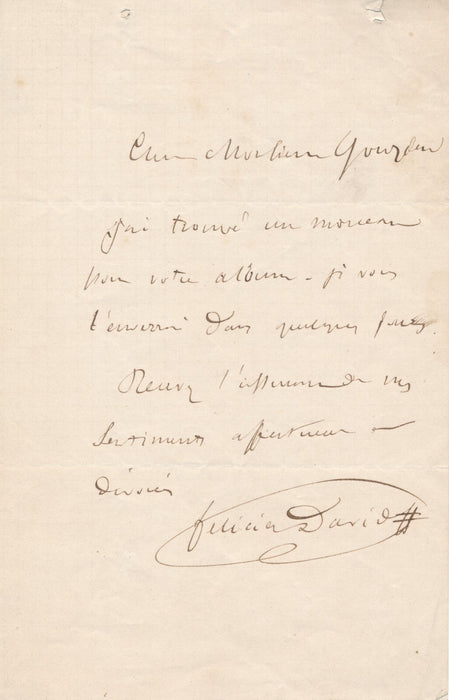 Félicien DAVID lettre autographe signée à Armand GOUZIEN morceau album