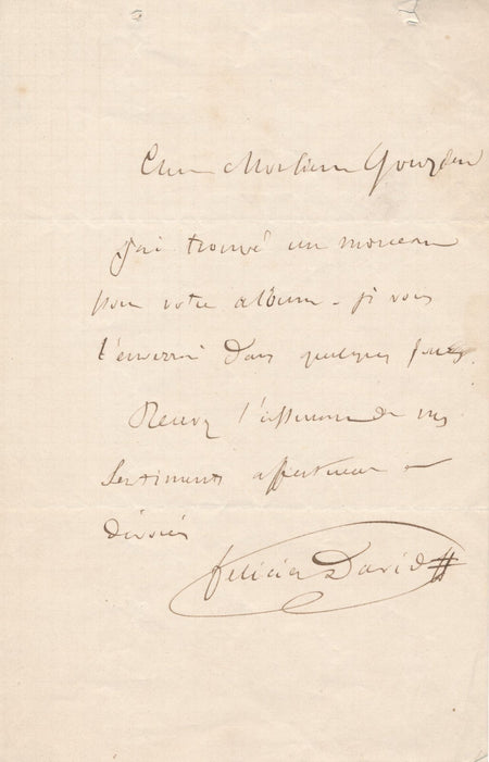 Félicien DAVID lettre autographe signée à Armand GOUZIEN morceau album