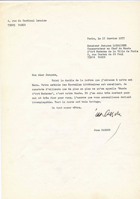 Art Jean Cassou lettre tapuscrite signée musée art moderne Paris Lassaigne