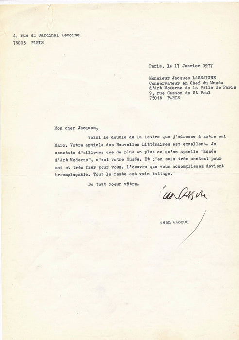 Art Jean Cassou lettre tapuscrite signée musée art moderne Paris Lassaigne