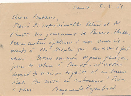 Marguerite ARP-HAGENBACH épouse ARP 2 lettres autographe signée Meudon gravure