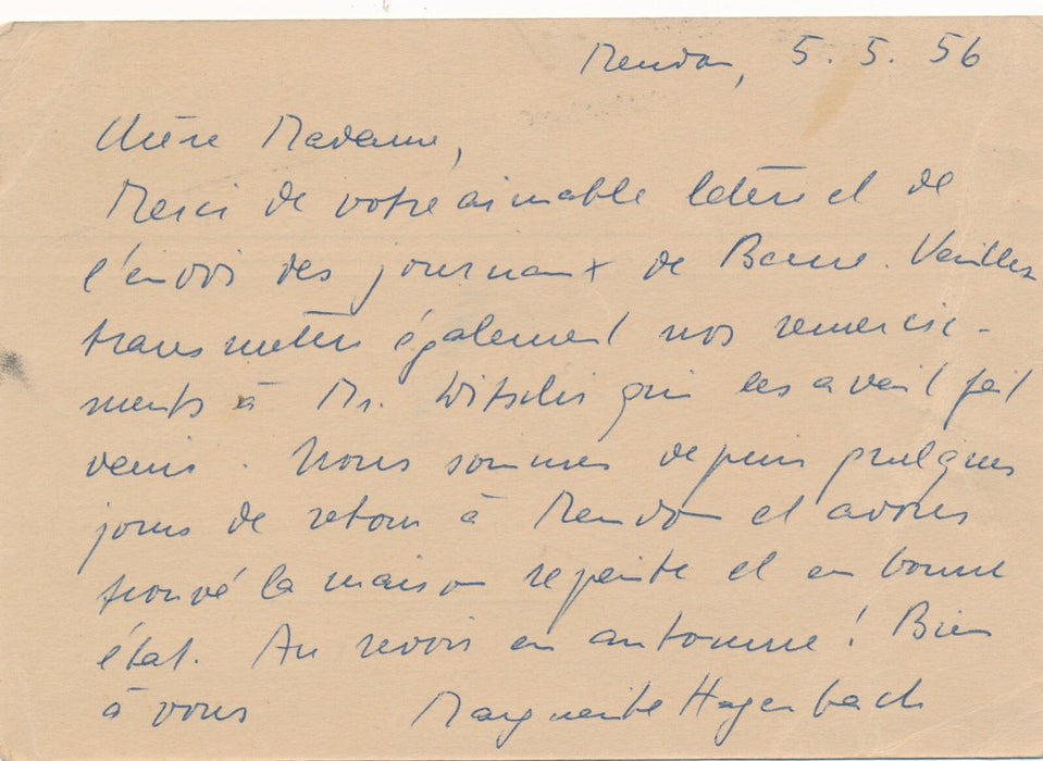Marguerite ARP-HAGENBACH épouse ARP 2 lettres autographe signée Meudon gravure