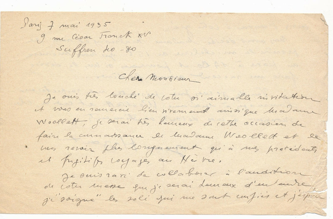 Jean HAZART chanteur au compositeur Henry WOOLLETT lettre autographe signée