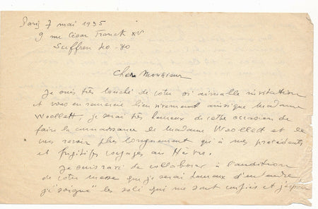 Jean HAZART chanteur au compositeur Henry WOOLLETT lettre autographe signée