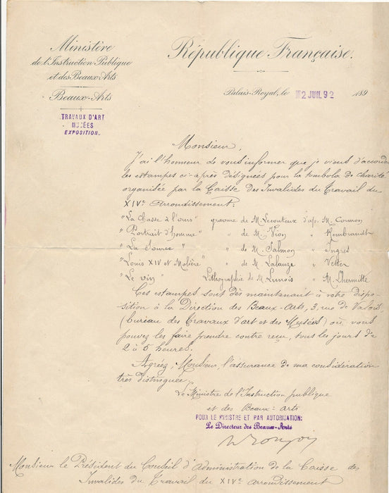 Henry BOUJON lettre autographe signée Caisse Invalide tombola estampes