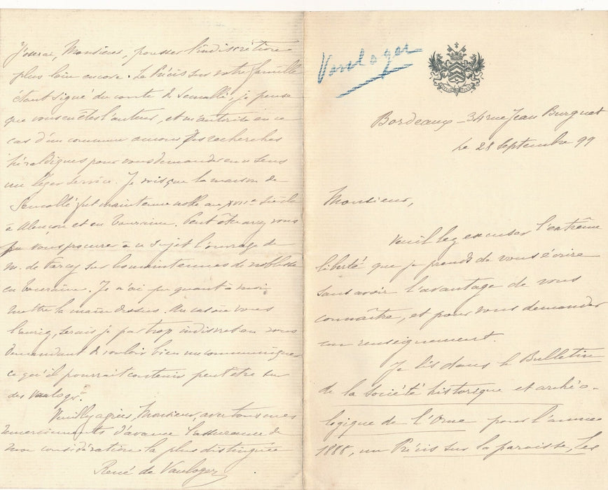 Généalogie de la famille de Vauloger Maine Normandie lettre autographe