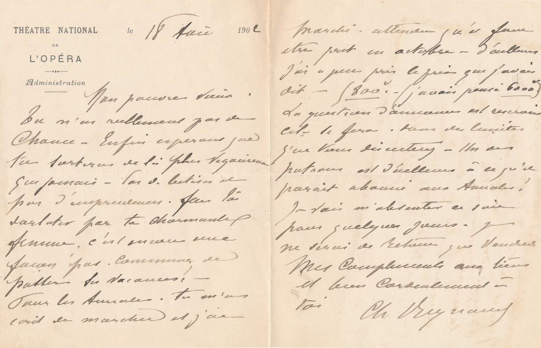 Charles REYNAUD architecte Opéra 4 lettres autographes signées Annales Théâtre