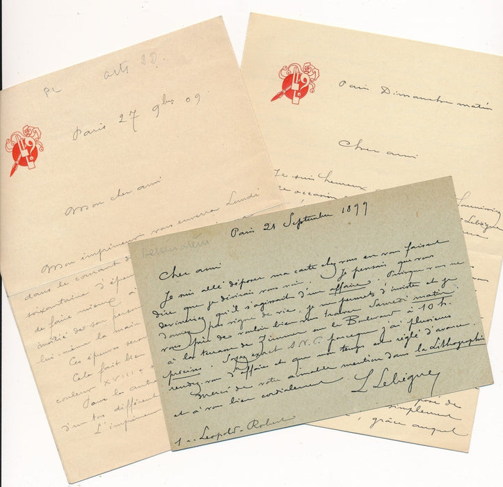 Léon LEBÈGUE lithographe graveur 2 lettres autographes 1 carte édition Marthold