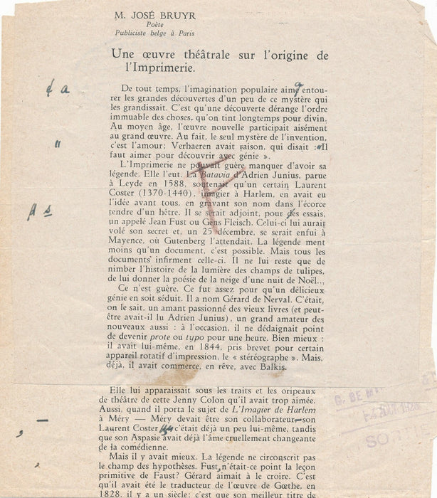 José BRUYR poète belge manuscrit autographe signé Théâtre Imprimerie corrections