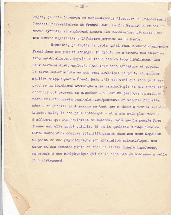 Conférence psychanalyse 1952 auteur inconnu 26 pages dactylographiées Marseille