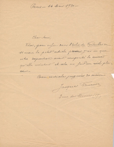 Jacques Faneuse Marthe Bertin-Conrads lettre autographe signée article art
