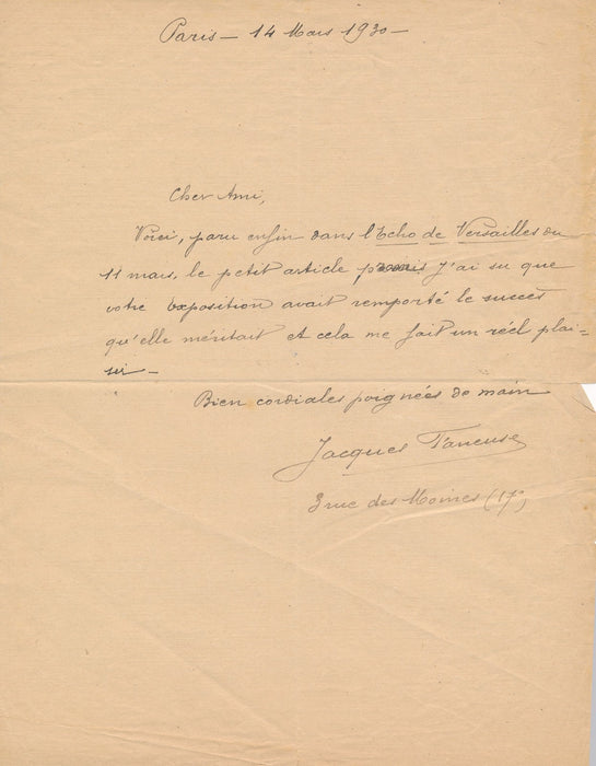 Jacques Faneuse Marthe Bertin-Conrads lettre autographe signée article art
