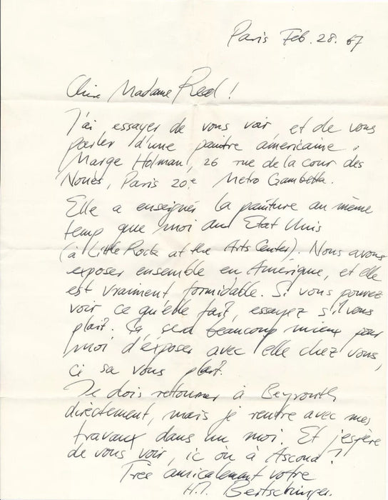 Hafis Joachim BERTSCHINGER Suisse artiste 7 lettres autographes