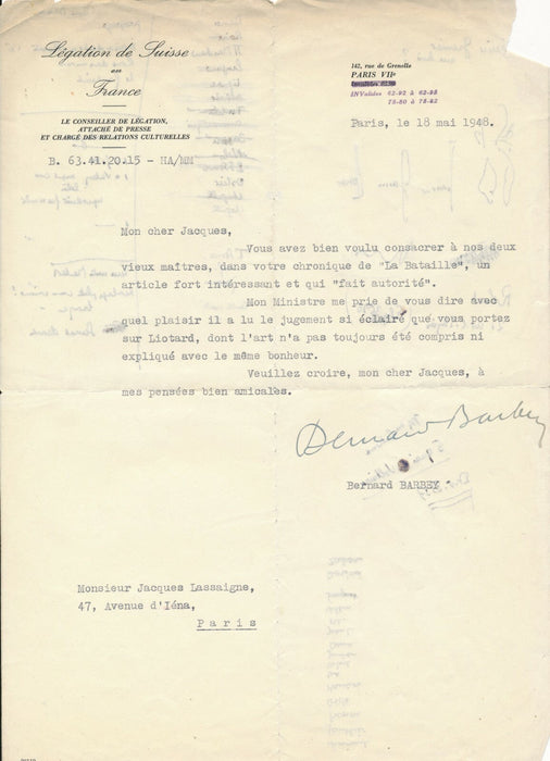 Bernard BARBEY correspondance autographe signée 8 lettre presse édition suisse