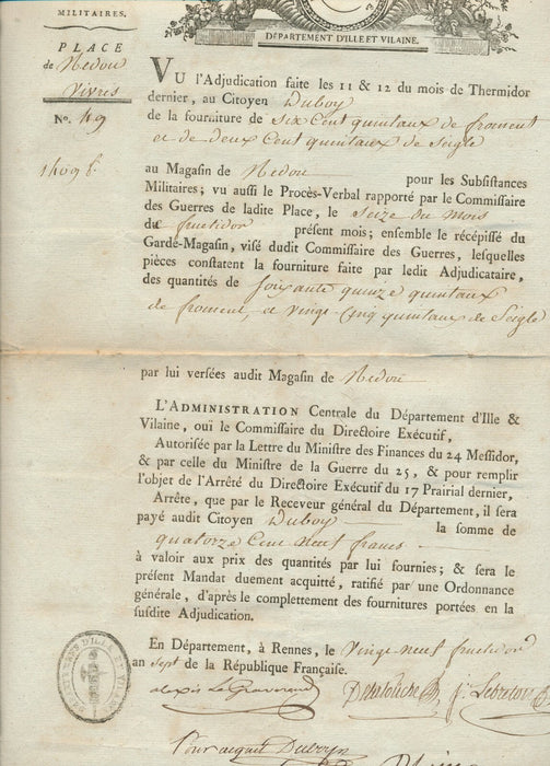 Ille-et-Vilaine 3 lettres signées paiement armée seigle Alexis LE GRAVEREND 1798