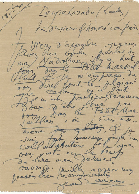 Jean RAMEAU romancier Hydropathes lettre autographe signée Passion de Nadine