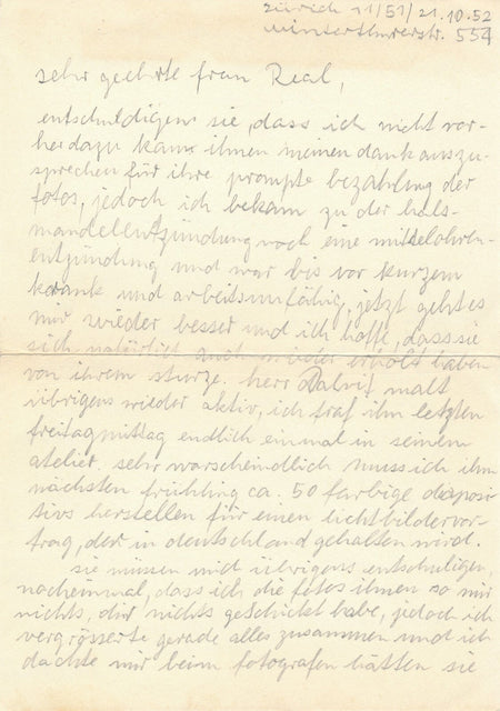 Suisse Fred Engelbert KNECHT lettre autographe signée 1952 galeriste Gisèle Réal