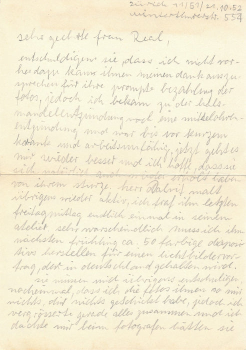 Suisse Fred Engelbert KNECHT lettre autographe signée 1952 galeriste Gisèle Réal