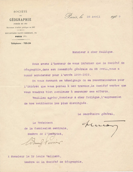 Société de Géographie E. Perrier Etienne Hulot lettre signée Louis Vaillant