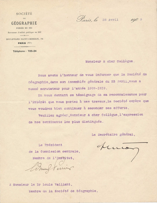 Société de Géographie E. Perrier Etienne Hulot lettre signée Louis Vaillant