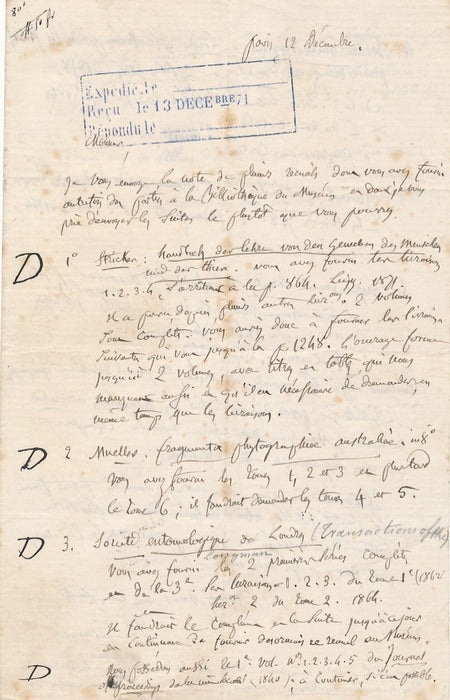 Jules DESNOYERS passe commande de livres lettre autographe signée 1871