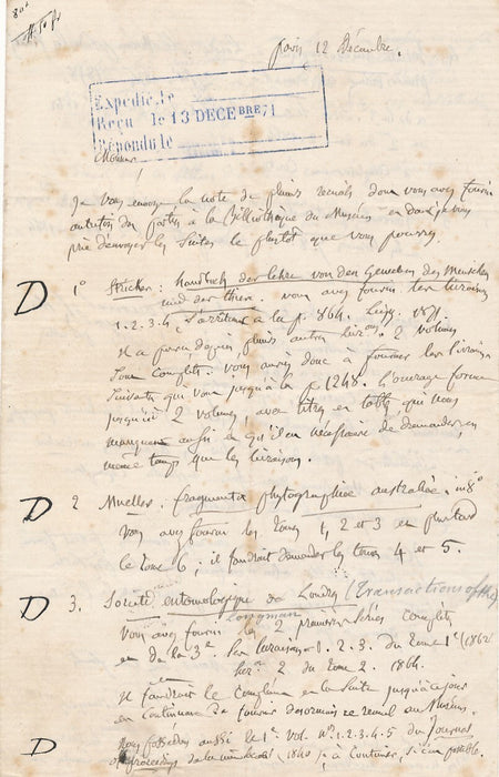 Jules DESNOYERS passe commande de livres lettre autographe signée 1871