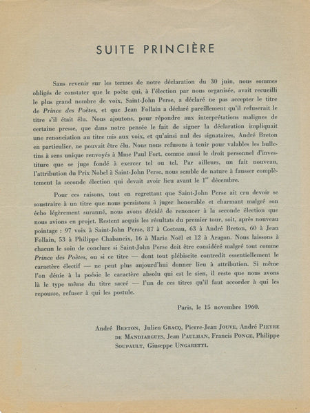 Suite princière tract surréalisme 1960 Breton Ponge Gracq Jouve