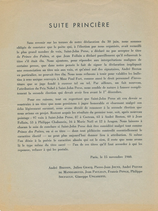 Suite princière tract surréalisme 1960 Breton Ponge Gracq Jouve
