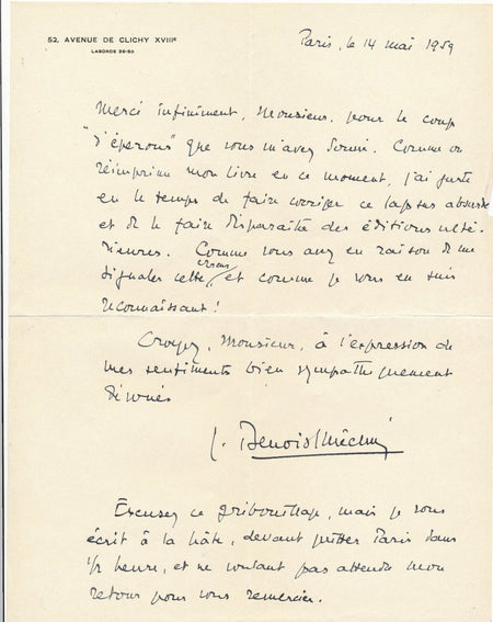 Jacques BENOIST-MÉCHIN un lapsus dans Un printemps arabe : lettre autographe