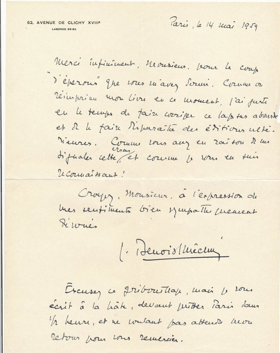 Jacques BENOIST-MÉCHIN un lapsus dans Un printemps arabe : lettre autographe