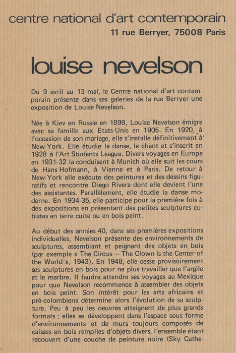 Louise NEVELSON catalogue exposition CNAC et photo, invitation, flyer 1974
