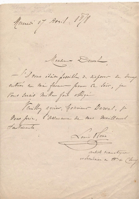 théâtre Louis Olona, auteur acteur lettre autographe signée places