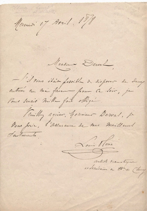 théâtre Louis Olona, auteur acteur lettre autographe signée places