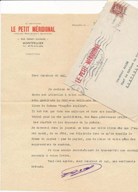 Lettre dactylographiée signée au poète Jean Amade : bel hommage 1942