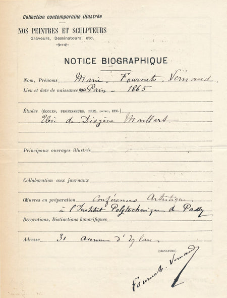 Marie FOURNETS VERNAUD pièce biographique autographe signée oeuvres, etc.