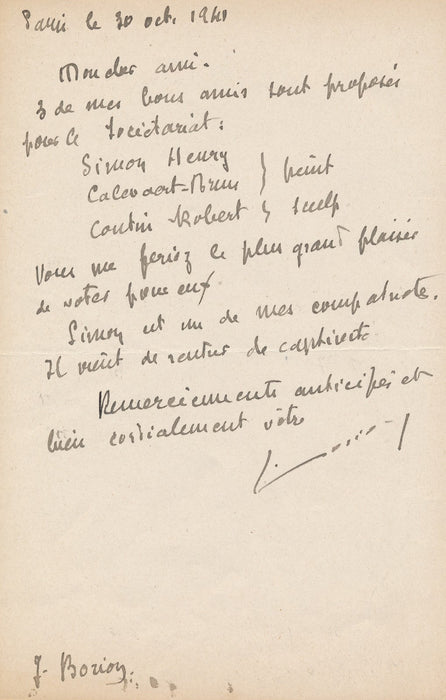 Joseph Borion lettre autographe signée Simon Henry Calevaert-Brun Courtin Robert
