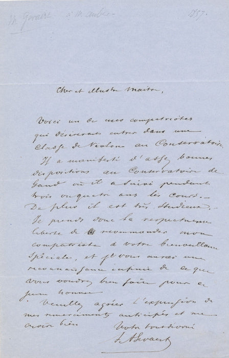 Belge François-Auguste GEVAERT Lettre autographe signée à Auber classe violon
