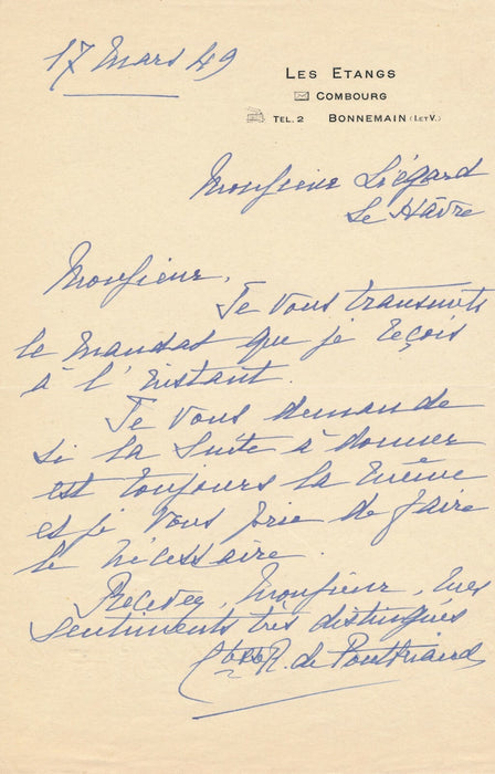 Famille Breuil de Pontbriand comte comtesse Combourg autographe 5 lettres Havre