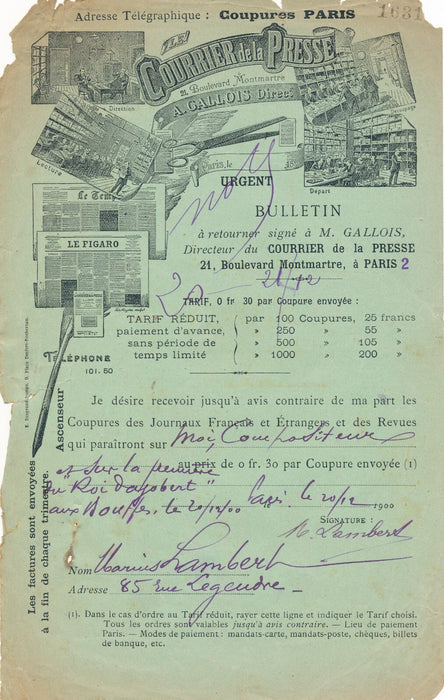 Marius LAMBERT lettre signée coupure presse Roi Dagobert 1900