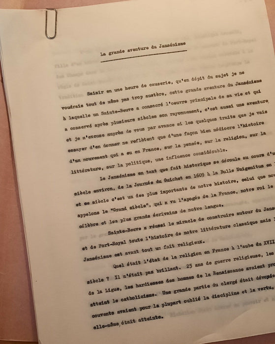 aventure du jansénisme par Paul MINOT 34 p. dactylographiées 1964 religion