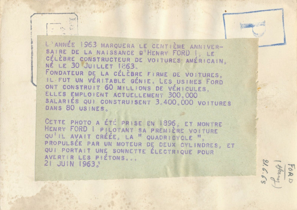 Henry FORD 1896 pilotant sa première voiture, tirage argentique postérieur photo