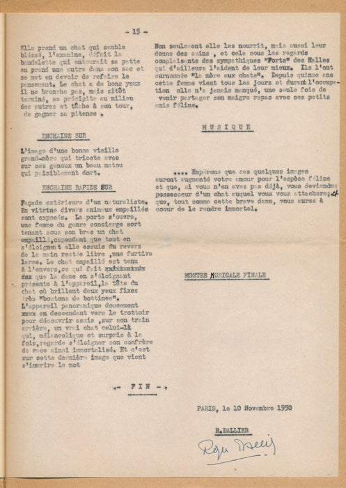 Cinéma Roger Dallier manuscrit signé 15 pages sur les chats Colette non réalisé