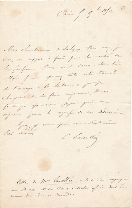 Charles-Hubert LAVOLLÉE lettre autographe signée ancien voyage Chine