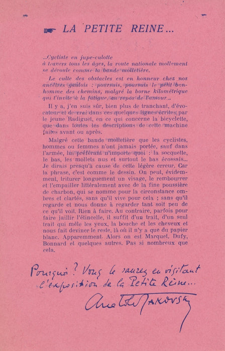 Anatole JAKOVSKY La Petite Reine envoi autographe signé ET carton d'invitation