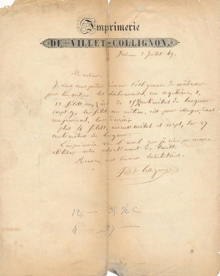 VILLET-COLLIGNON Lettre autographe signée DERRIEY commande caractère imprimerie