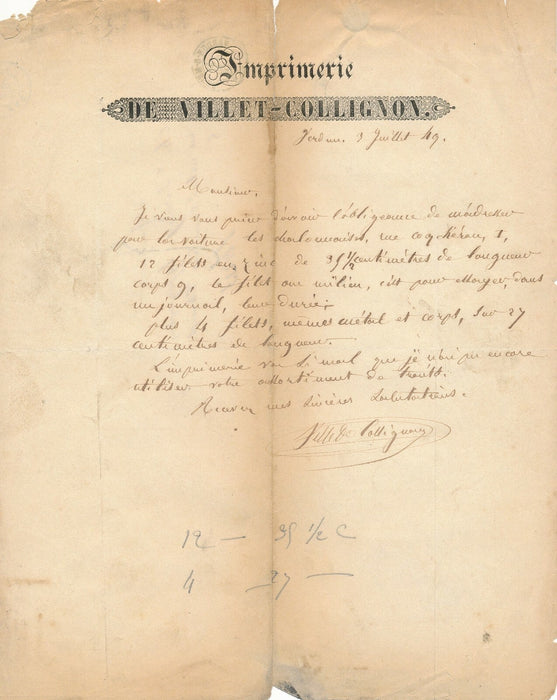 VILLET-COLLIGNON Lettre autographe signée DERRIEY commande caractère imprimerie